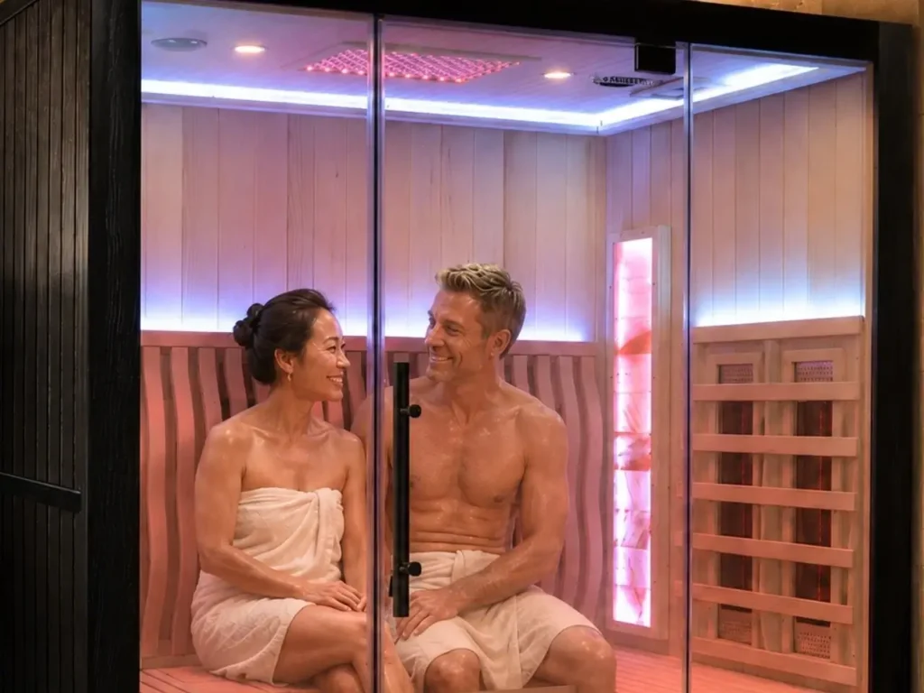 Couple smiling in sauna