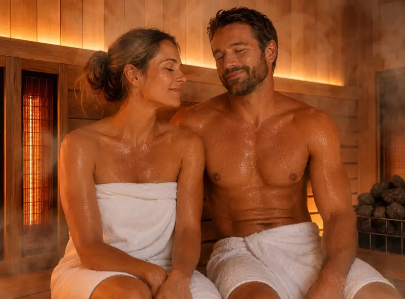 Couple relaxing in a sauna