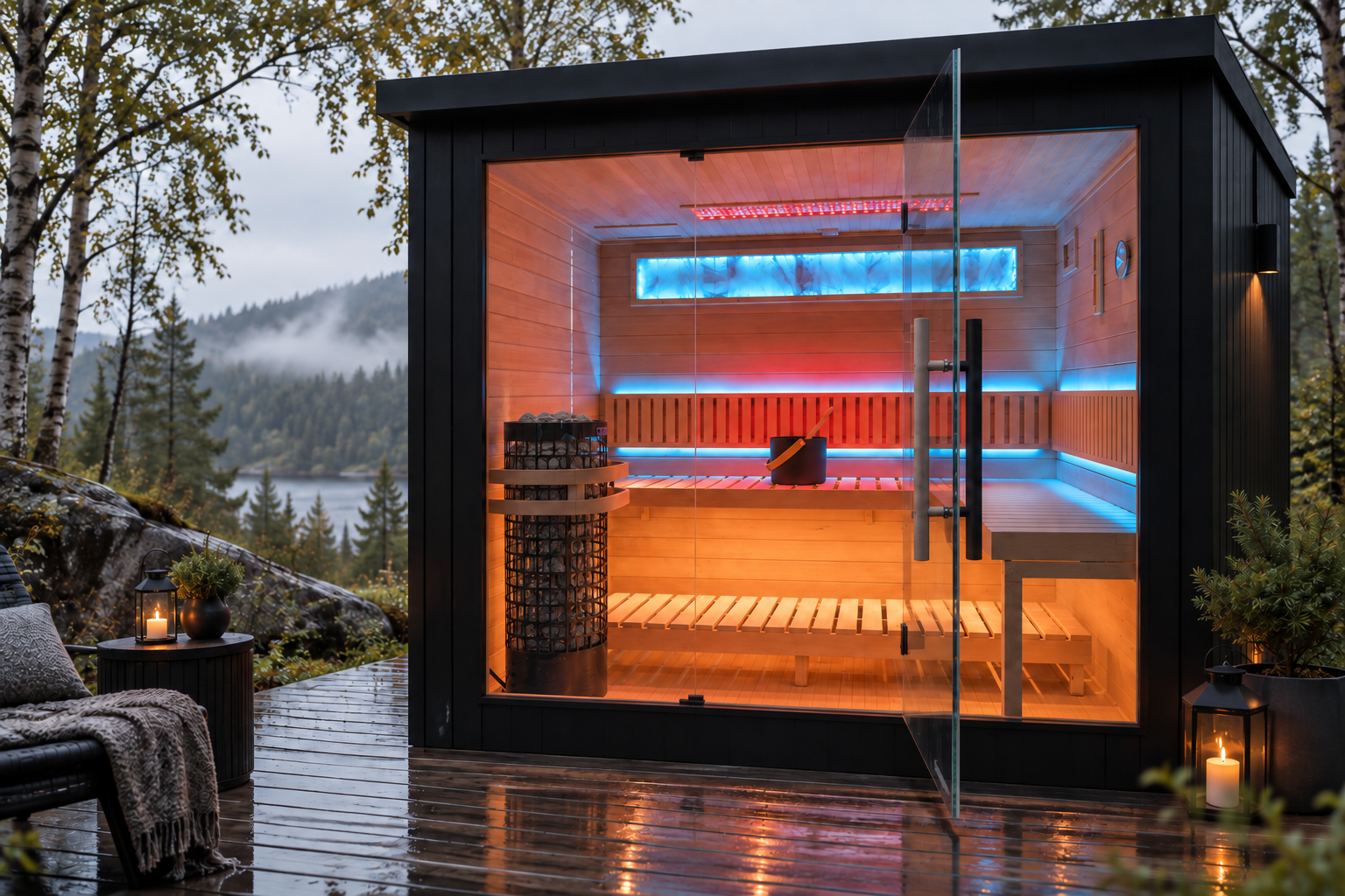 Reyk outdoor sauna on a terrace overlooking a misty forest and lake