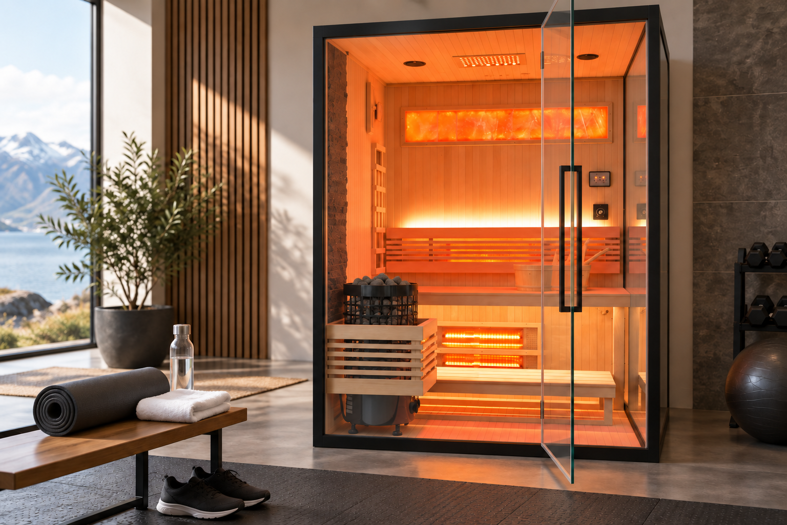 Exercise mat, towel and water bottle beside a Fusion Combo sauna