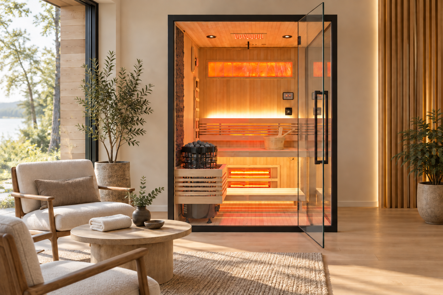 Fusion Combo sauna with an open glass door in a comfortable wellness room
