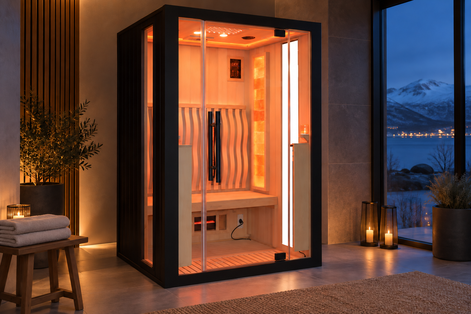 Himalayan sauna in a softly lit Nordic wellness room at dusk