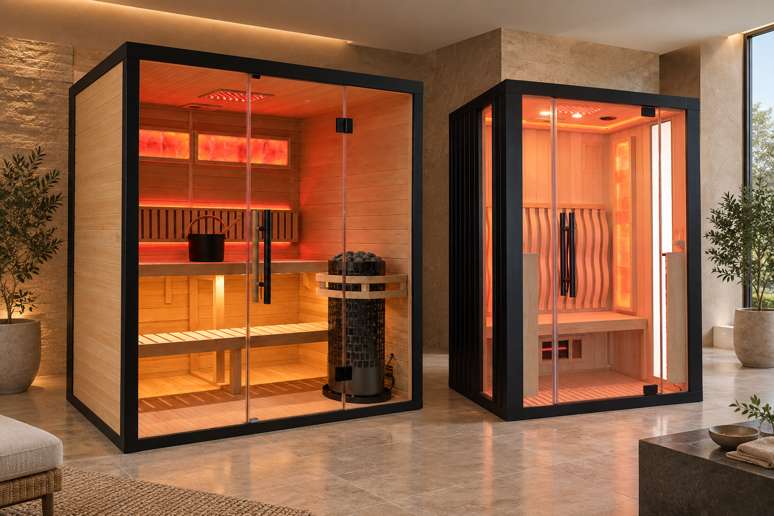 Traditional and infrared Icelandic Saunas models displayed side by side