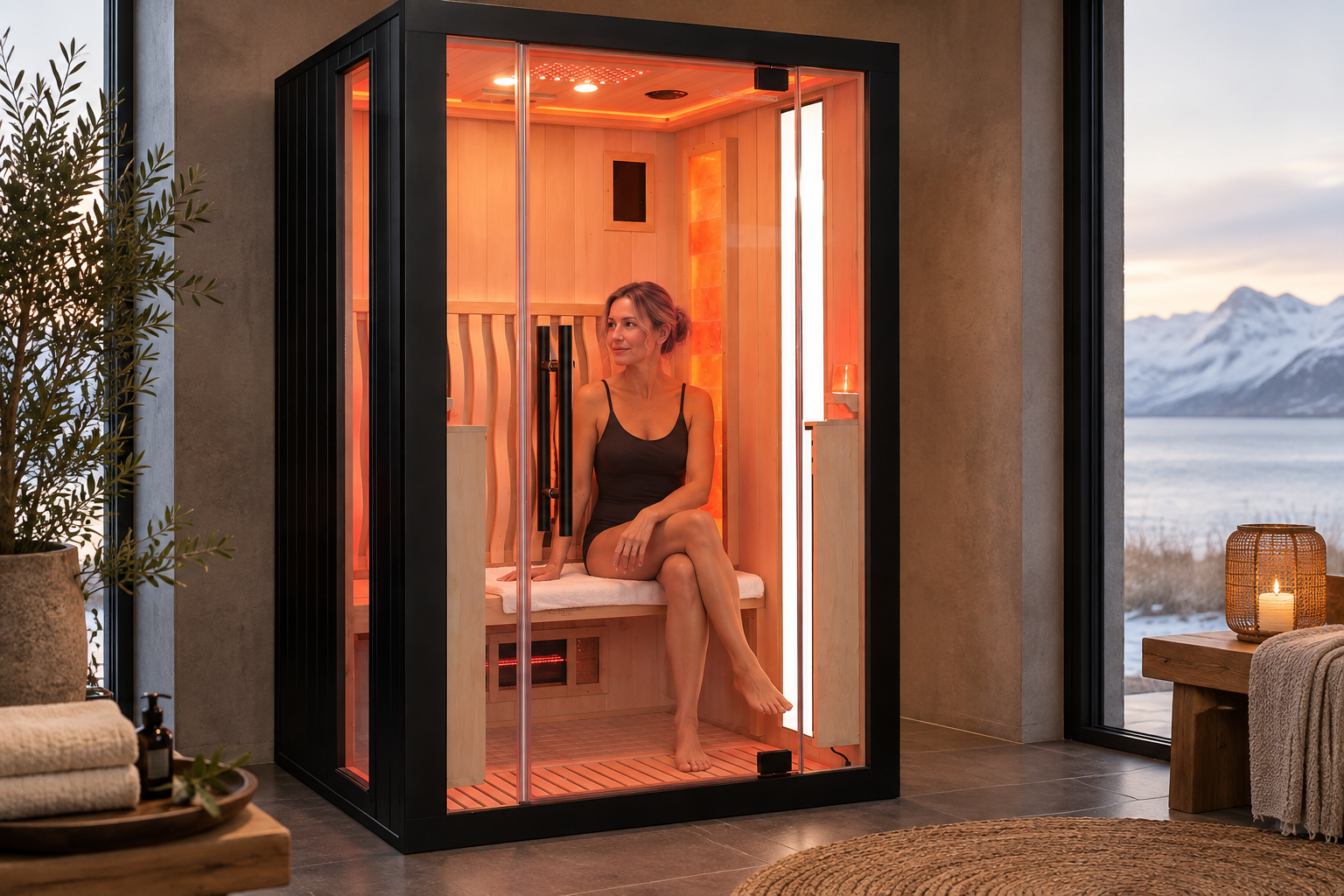 Woman relaxing inside an Icelandic Saunas infrared sauna