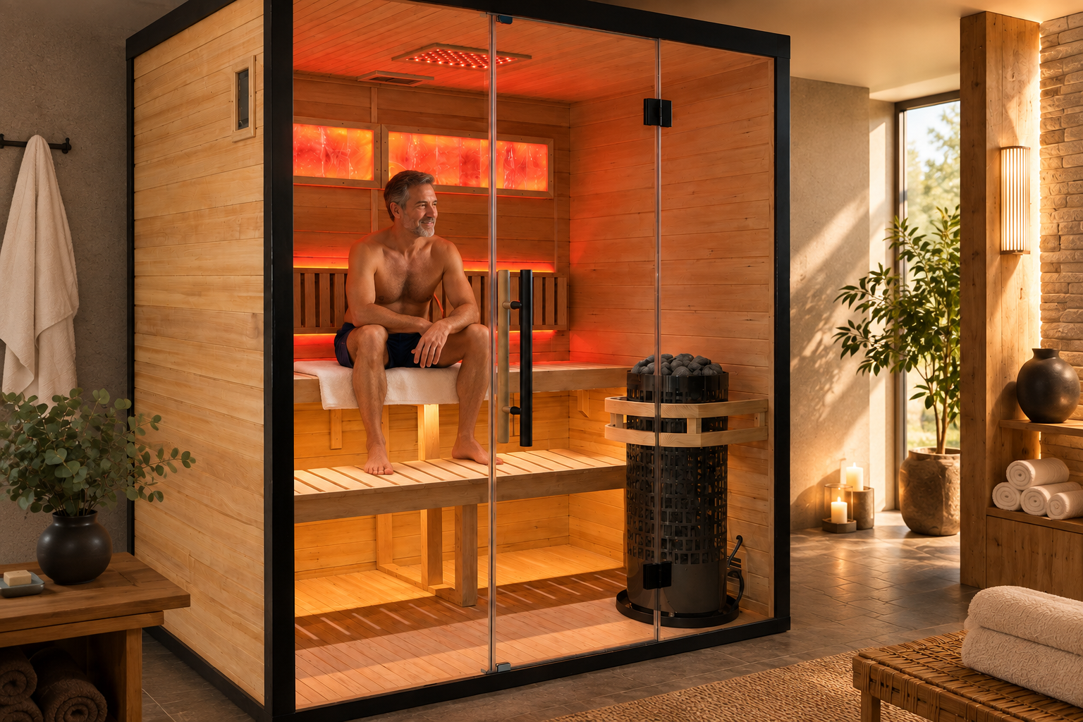 Man seated inside a TimberSteel sauna during a relaxing sauna session