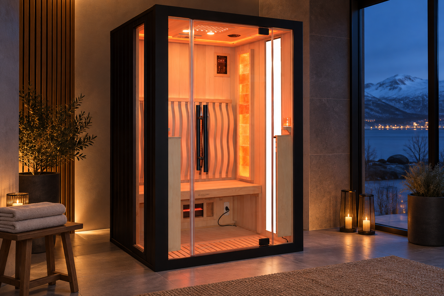 Himalayan infrared sauna glowing beside a mountain view at dusk