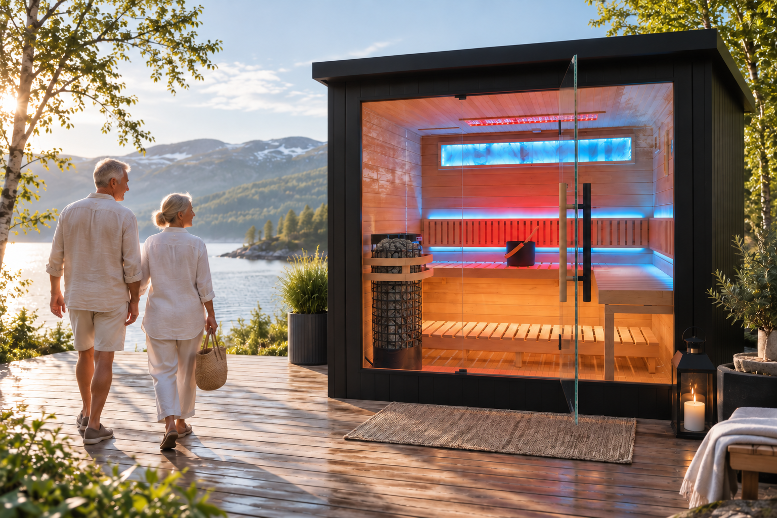 Older couple walking toward a Reyk outdoor sauna beside a mountain lake