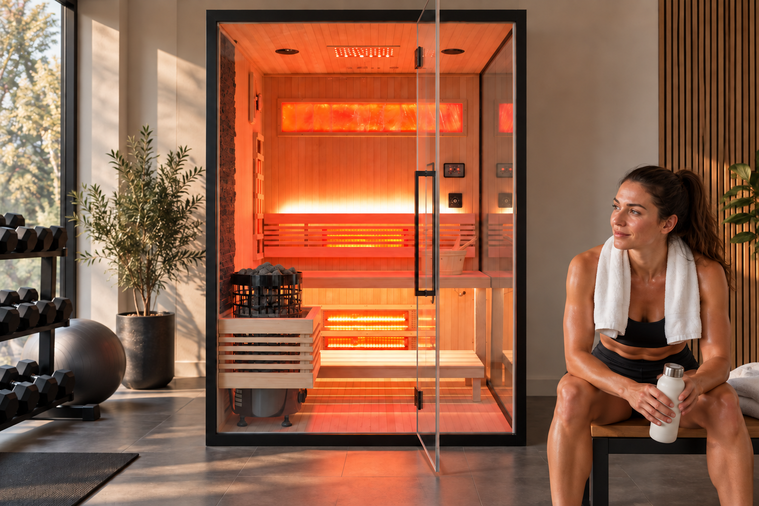 Woman resting after exercise beside a Fusion Combo sauna