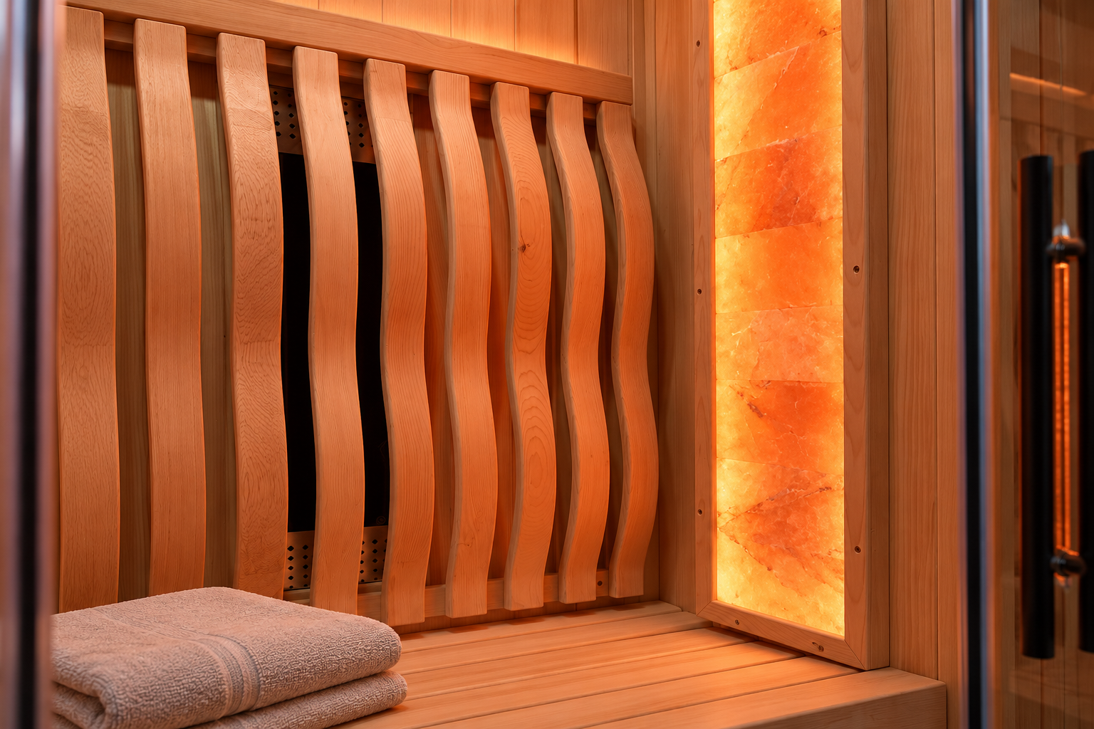 Curved wooden backrest and illuminated salt panel inside a Himalayan sauna