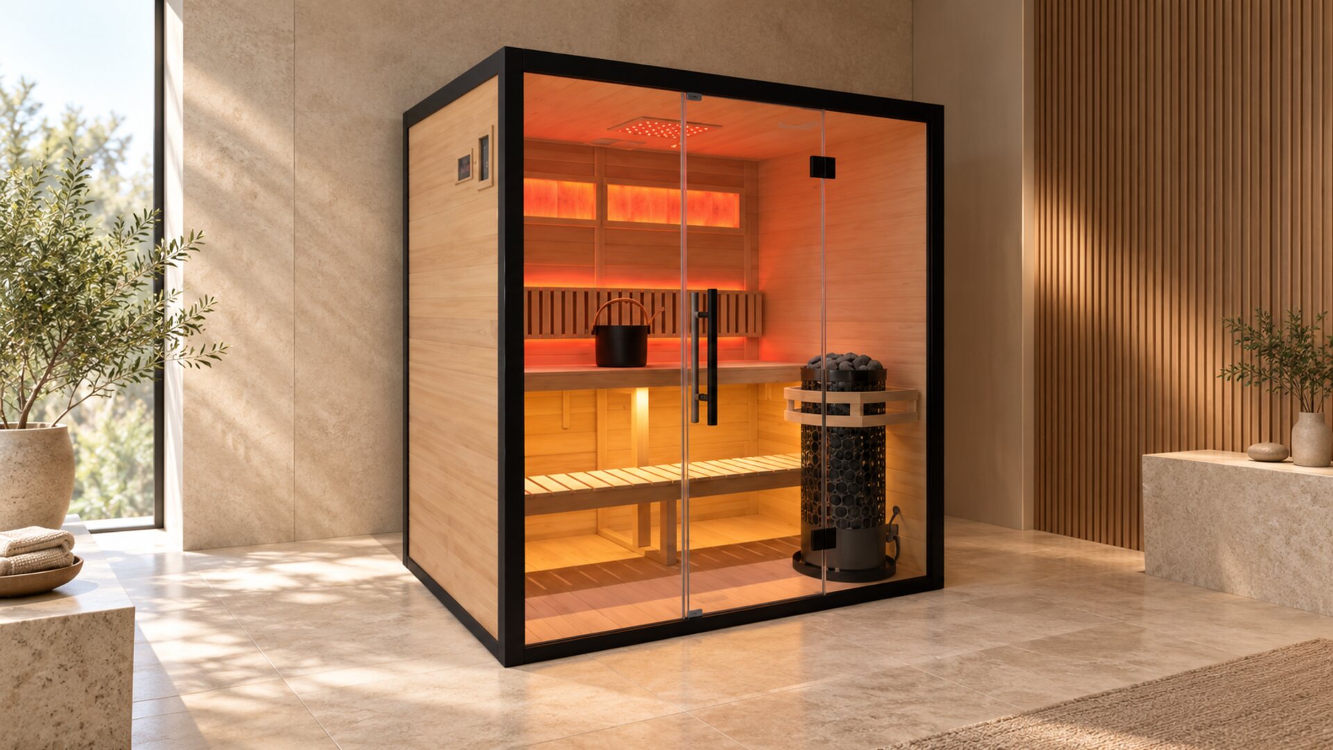 TimberSteel 430 traditional sauna with rock heater and wooden benches