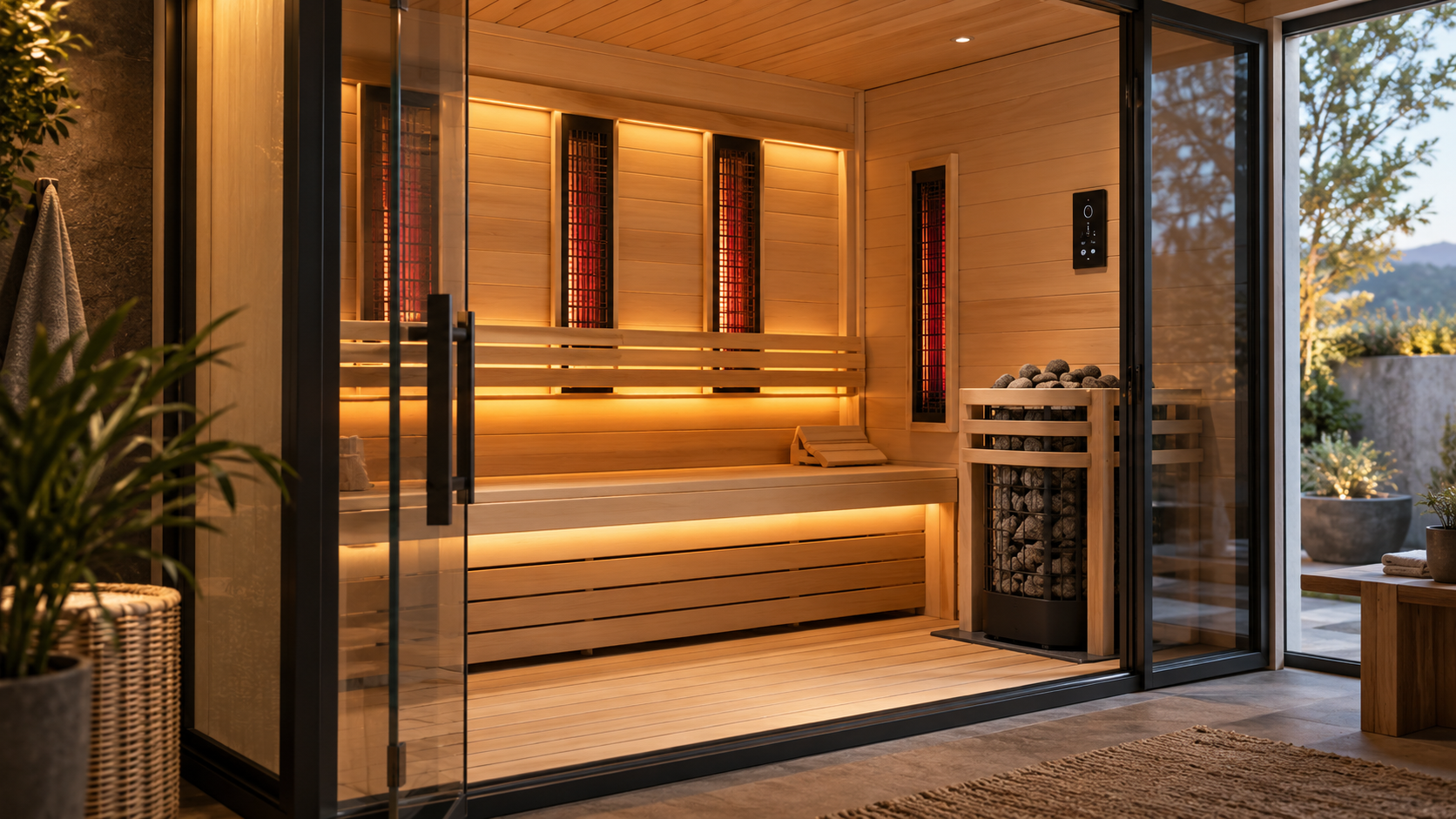 Traditional rock sauna temperature with wooden benches and a sauna heater