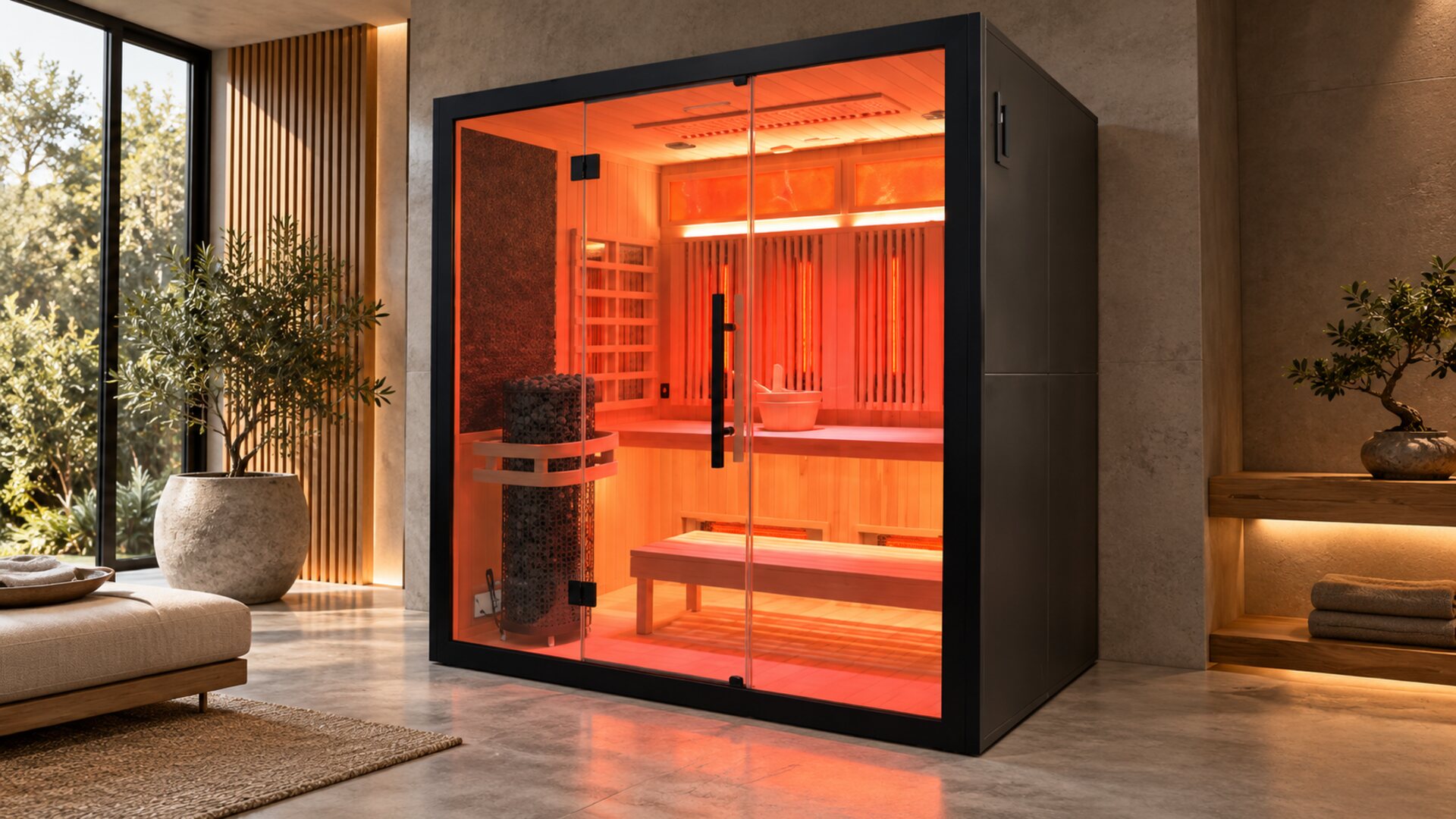 Fusion Combo 830 hybrid sauna with infrared panels and traditional rock heater
