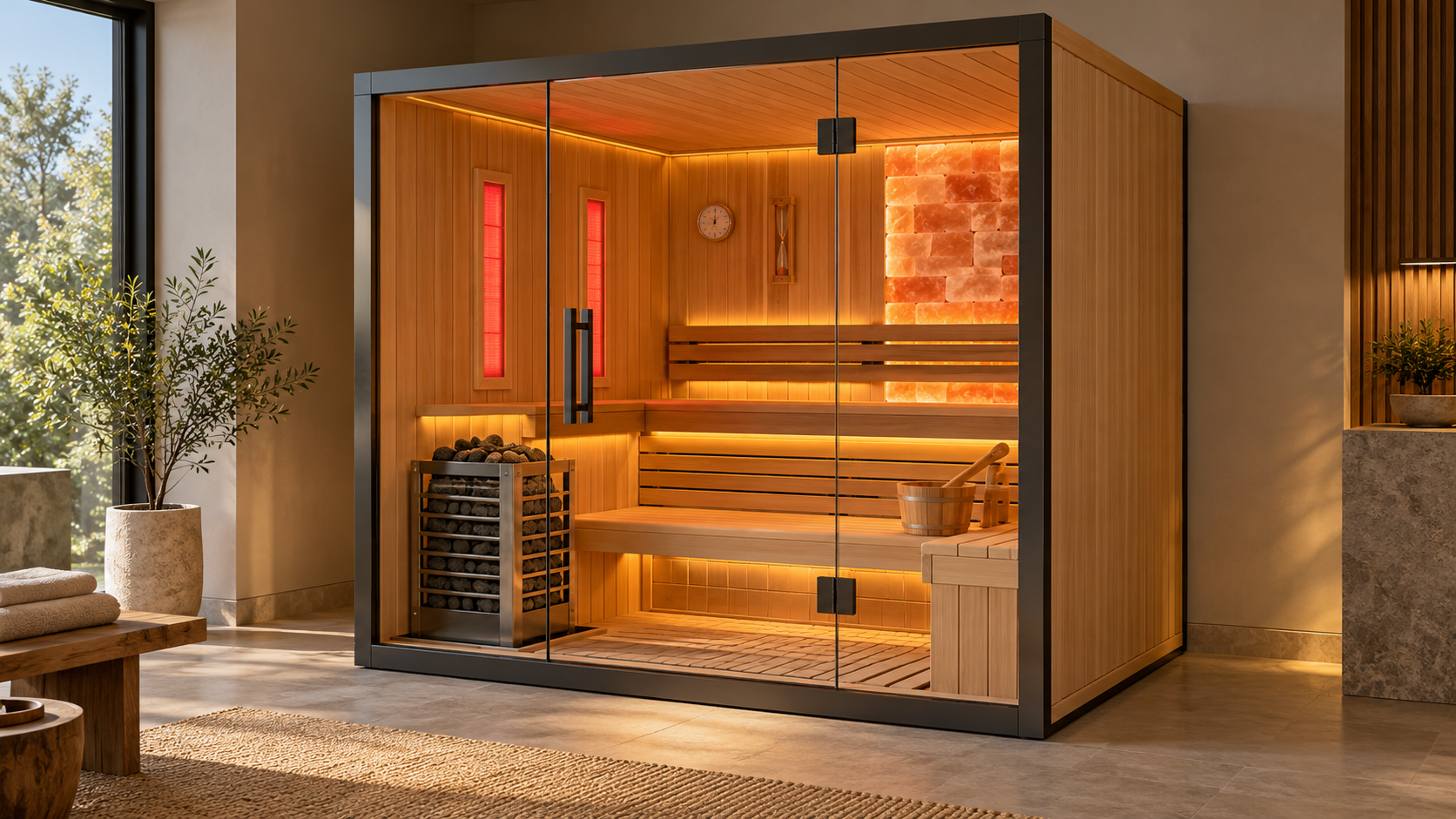 Hybrid sauna with traditional rock heat and infrared heating options