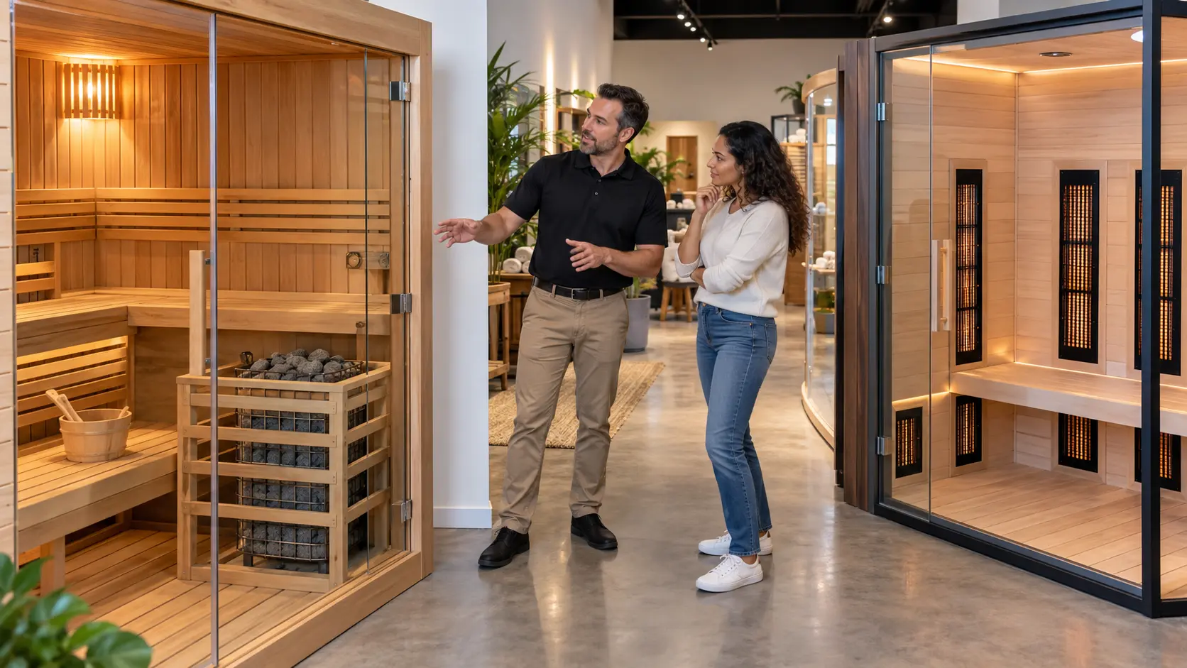 Customer comparing traditional and infrared home saunas with a showroom specialist.