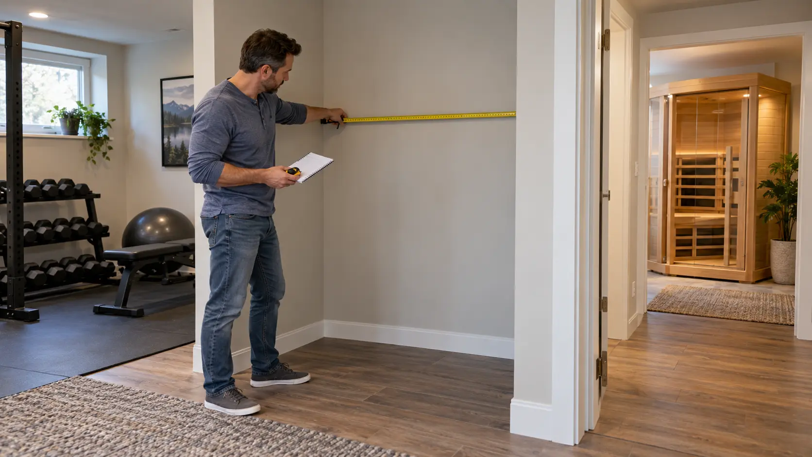 Homeowner measuring an indoor space before choosing a home sauna.
